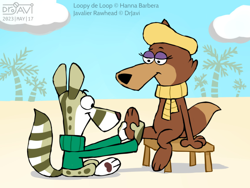 2023 4:3 ambiguous_gender andromorph_(lore) anthro artist_logo canid canine canis clothing dated day desert detailed_background drjavi duo female foot_rub furniture genet hanna-barbera hat headgear headwear hi_res javalier_rawhead jellystone_(hbo_max) logo loopy_(loopy_de_loop) loopy_de_loop mammal on_ground on_model on_stool outside scarf sitting stool sweater toony topwear viverrid wolf