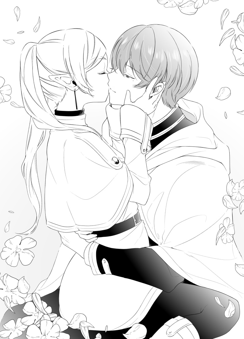 1boy absurdres cape capelet cloak closed_mouth couple dress earrings elf eyelashes female flower frieren from_side greyscale hair_over_shoulder half-closed_eyes hand_in_another's_hair hands_on_another's_cheeks hands_on_another's_face highres himmel_(sousou_no_frieren) hug jewelry kissing kissing_cheek long_hair long_sleeves looking_at_another looking_away mole mole_under_eye monochrome pantyhose pointy_ears profile sachinyopo short_hair simple_background sitting sitting_on_person smile sousou_no_frieren straight twintails wariza white_cape