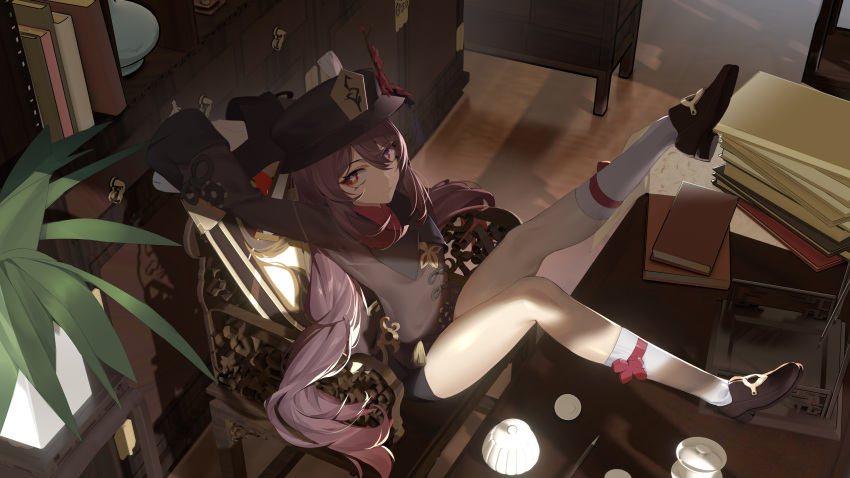 absurdres black_hat black_shorts book chinese_clothes collared_coat desk female flower flower-shaped_pupils genshin_impact hat hat_flower highres hu_tao_(genshin_impact) indoors looking_at_viewer newflame plum_blossoms red_eyes red_flower scenery shorts sitting solo symbol-shaped_pupils