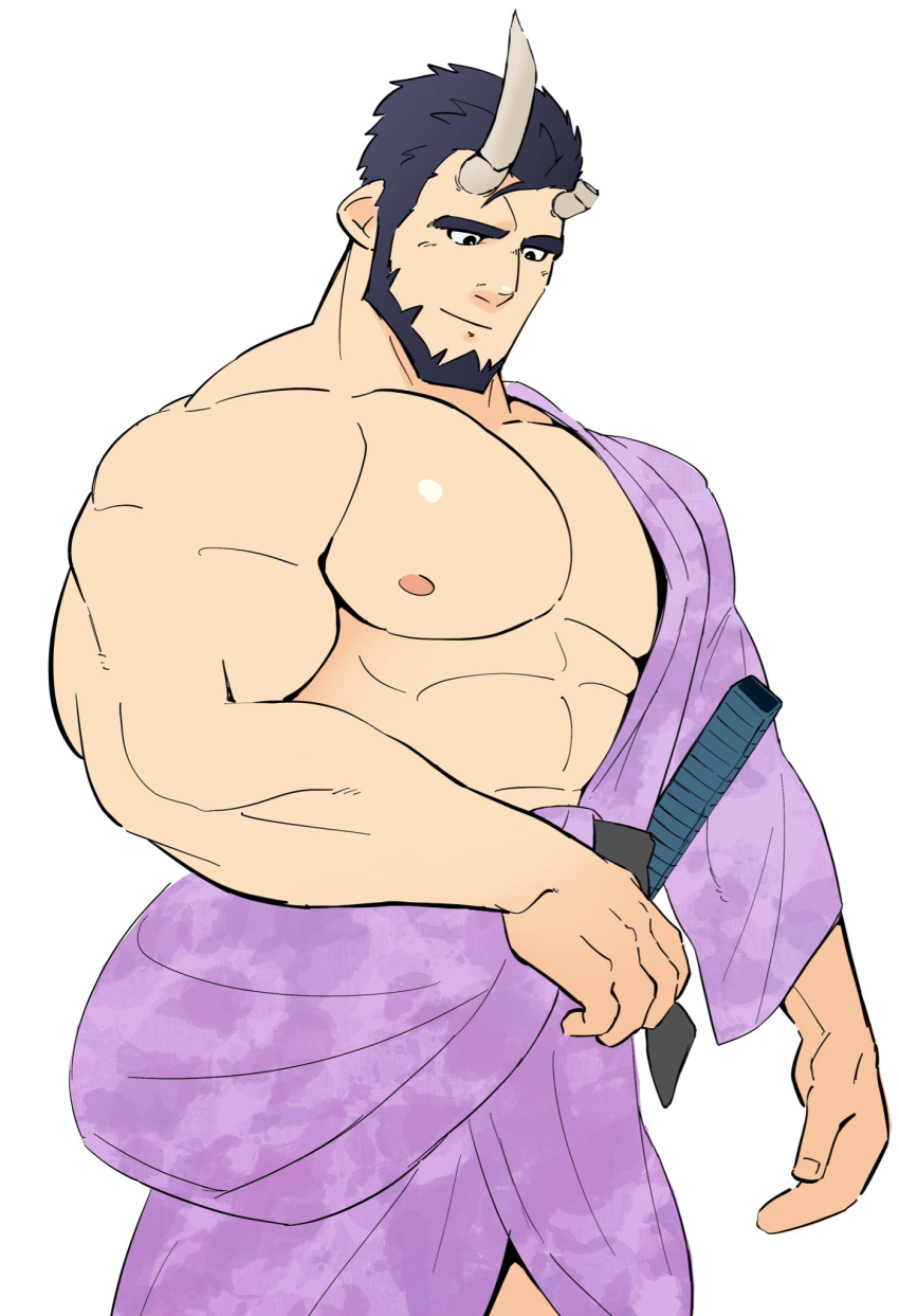 1boy abs alternate_costume bara bare_pectorals beard broken_horn demon_boy demon_horns facial_hair feet_out_of_frame hadanugi_dousa highres horns japanese_clothes kansuke_(kansuke_717) kimono large_pectorals live_a_hero looking_down male_focus mature_male muscular muscular_male nessen_(live_a_hero) nipples pectorals purple_kimono samurai sheath sheathed short_hair single_bare_shoulder smile solo