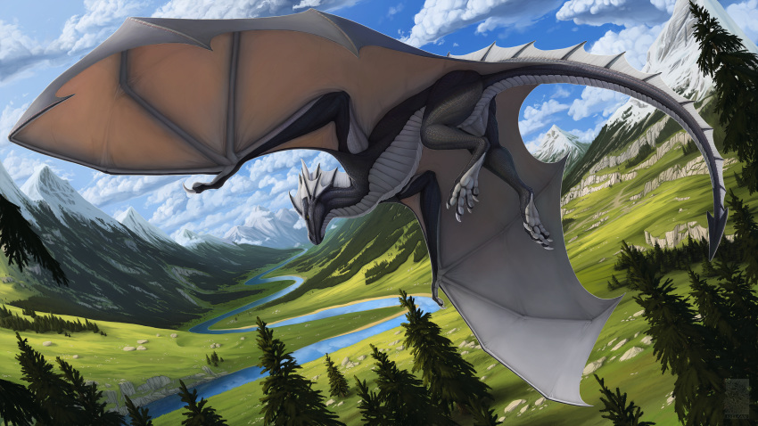 16:9 2020 absurd_res amazing_background ambiguous_gender claws day detailed detailed_background digital_media_(artwork) dorsal_frill dragon european_mythology feral flying frill_(anatomy) frill_spines head_crest head_frill hi_res horn keltaan membrane_(anatomy) membranous_wings midair morghus mythological_creature mythological_scalie mythology outside scales scalie sky solo spines tail tail_frill western_dragon widescreen wings wyvern