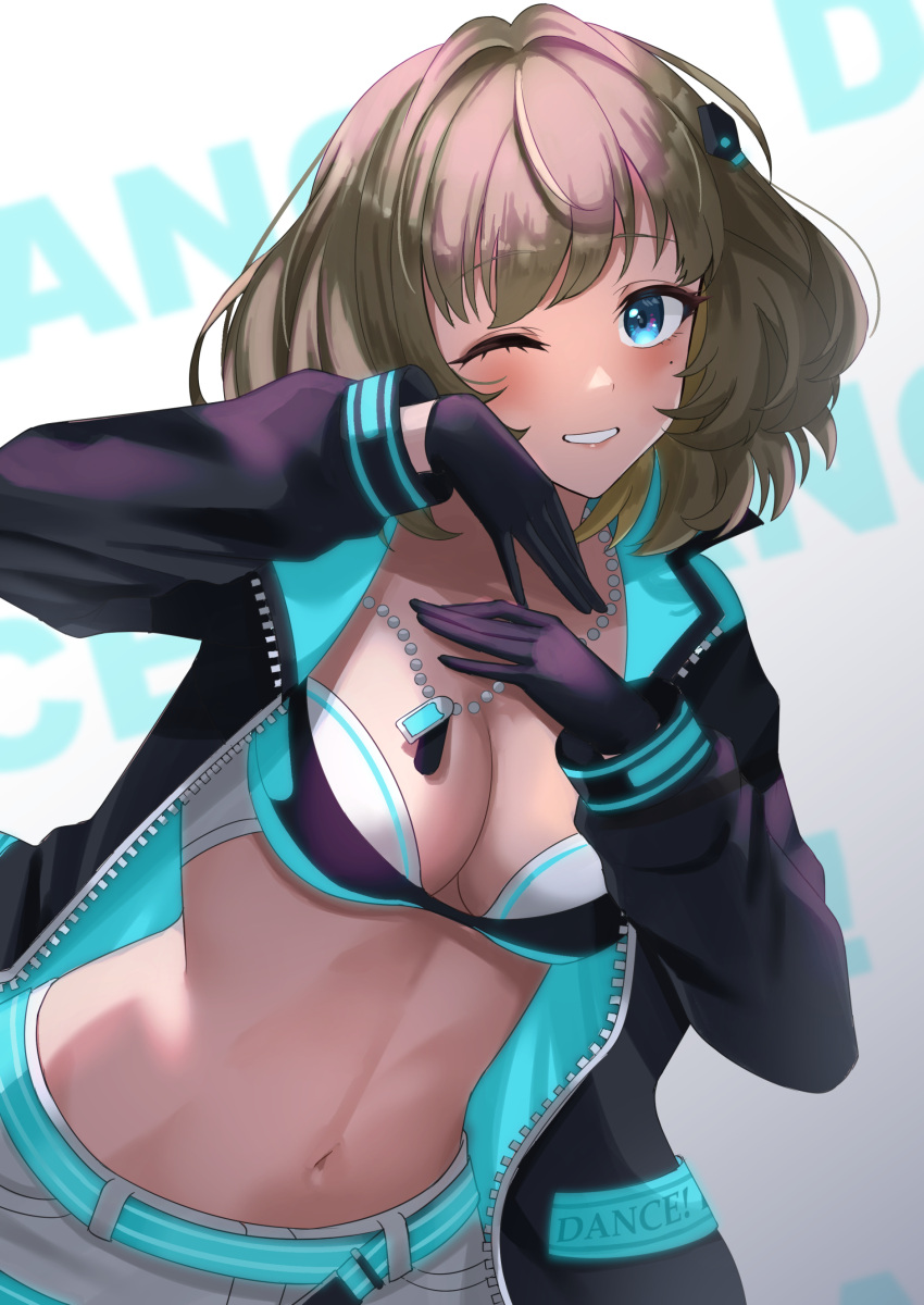 absurdres belt black_gloves blue_eyes blush bob_cut breasts cleavage commentary_request dance_on_the_galaxy_(idolmaster) dog_tags female gloves green_hair grin highres idolmaster idolmaster_cinderella_girls idolmaster_cinderella_girls_starlight_stage jacket kamoromance614 looking_at_viewer medium_breasts mole mole_under_eye multicolored_clothes multicolored_jacket navel neon_trim no_shirt open_clothes shorts simple_background smile solo stomach takagaki_kaede two-tone_jacket white_shorts