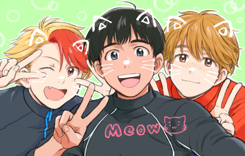 3boys :d ;d animal_ears black_hair blonde_hair brown_eyes brown_hair cat_ears commentary_request double_v english_text freckles grey_eyes jacket ji_guang-hong male_focus minami_kenjirou multicolored_hair multiple_boys oerba_yun_fang one_eye_closed open_mouth phichit_chulanont red_hair selfie smile takeshi_(mononohu20) track_jacket two-tone_hair upper_body v v_over_eye whiskers yuri!!!_on_ice