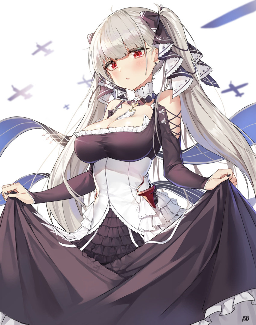 ahoge aircraft airplane aliceblue artist_name azur_lane black_dress blurry blush bow breasts cleavage closed_mouth commentary_request cowboy_shot depth_of_field detached_collar dress earrings female flight_deck formidable_(azur_lane) glint grey_hair hairbow highres jewelry korean_commentary large_breasts long_hair long_sleeves looking_at_viewer md5_mismatch partial_commentary red_eyes simple_background skirt_hold solo twintails very_long_hair white_background