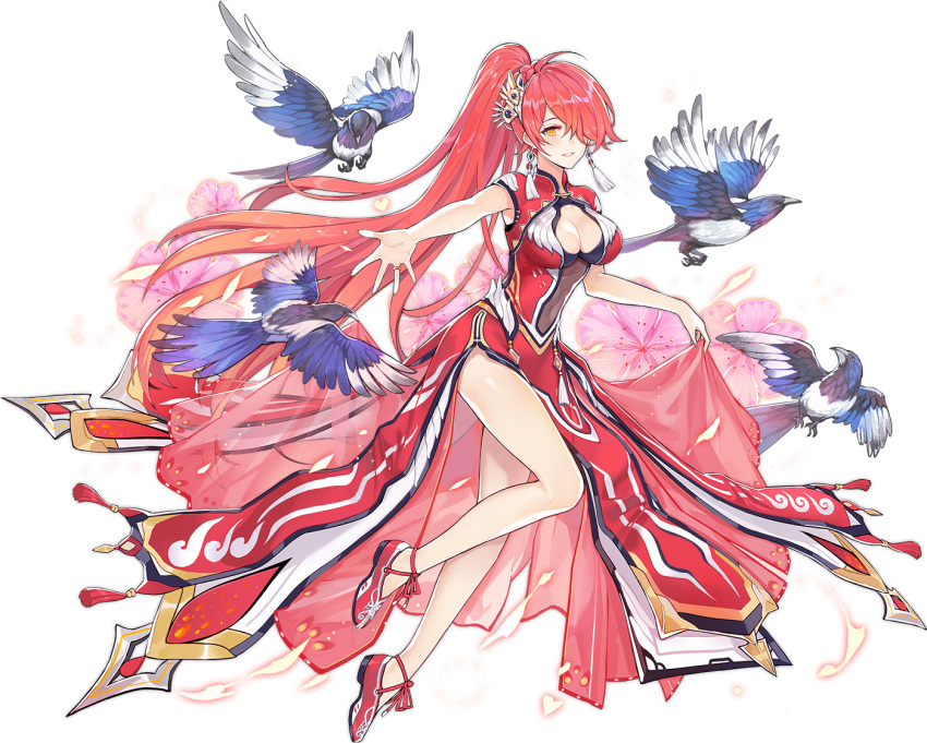 ark_order artist_request breasts cleavage cleavage_cutout clothes_lift clothing_cutout dress dress_lift earrings eurasian_magpie female fenghuang_(ark_order) fire flower full_body hair_over_one_eye heart high_ponytail jewelry large_breasts long_hair looking_at_viewer magpie official_alternate_costume official_art outstretched_arm pink_flower red_dress red_footwear red_hair ring shoes smile solo tachi-e tassel tassel_earrings transparent_background very_long_hair wedding_ring yellow_eyes