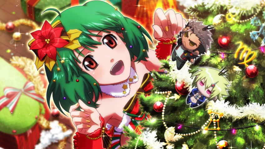 :d brera_sterne christmas christmas_tree detached_collar female flower fur_trim game_cg green_hair hair_ornament macross macross_frontier multicolored_nails nail_polish official_art oosanshouuo-san open_mouth ozma_lee pink_nails poinsettia ranka_lee red_eyes smile third-party_source uta_macross_sumaho_deculture yellow_nails