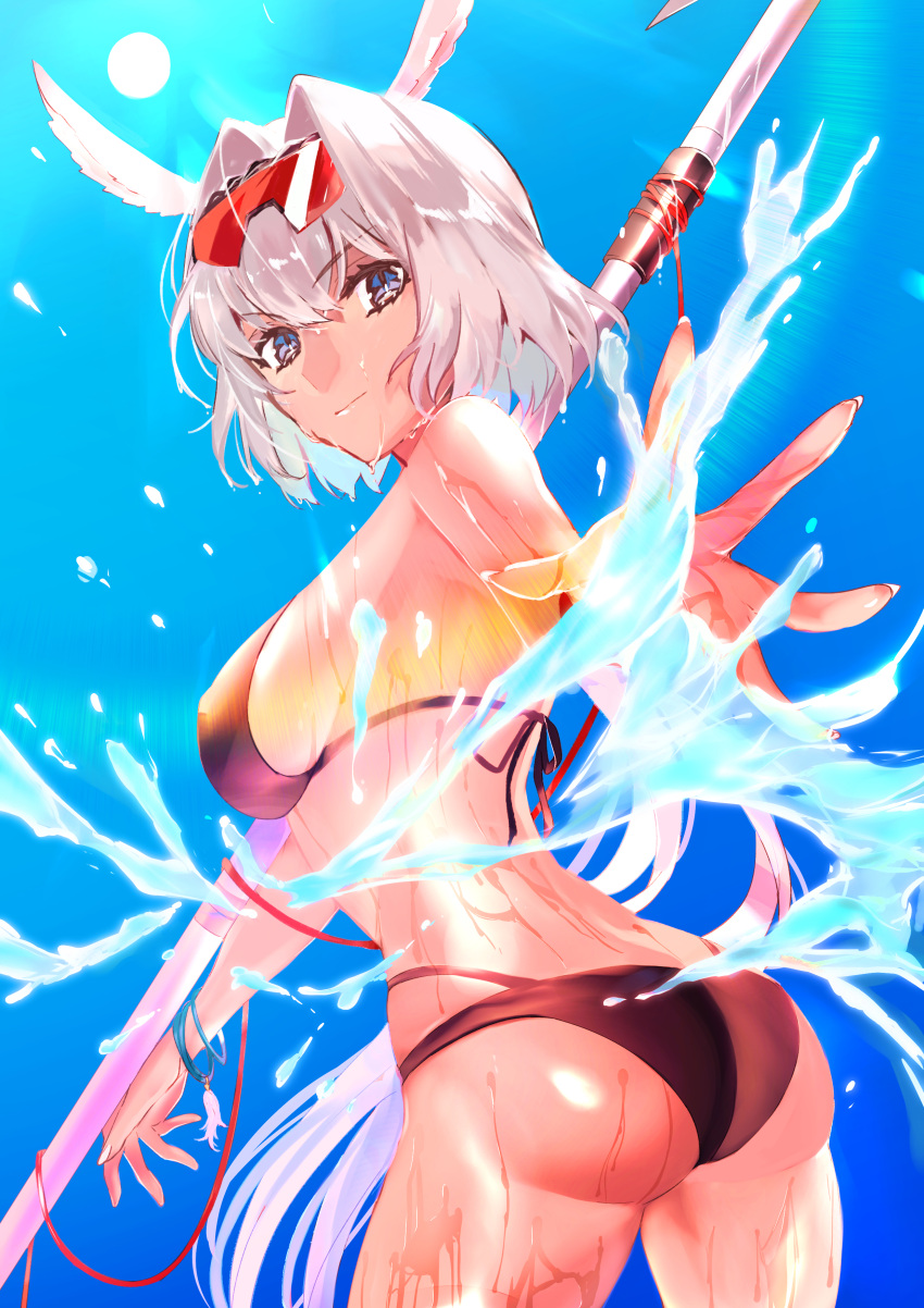 absurdres animal_ears ass bare_shoulders bikini black_bikini black_headwear blue_eyes blue_sky body_markings breasts caenis_(fate) caenis_(swimsuit_rider)_(fate) caenis_(swimsuit_rider)_(first_ascension)_(fate) cleavage collarbone day eyewear_on_head fate/grand_order fate_(series) female hairband harpoon highres large_breasts long_hair looking_at_viewer looking_to_the_side navel sky smile solo sunglasses swimsuit thighs urushimaru0701 very_long_hair water wet white_hair