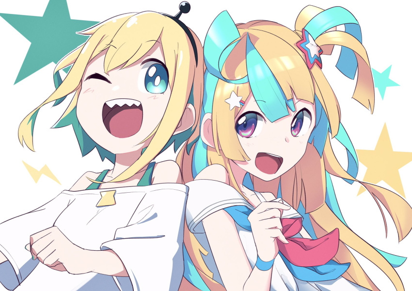 2girls aimusu amakawa_hano amano_pikamee back-to-back blonde_hair blue_hair bright_pupils closed_eyes colored_inner_hair green_hair hair_behind_ear hair_ornament highres looking_to_the_side multicolored_hair multiple_girls off-shoulder_shirt off_shoulder one_eye_closed open_mouth purple_eyes re:act sharp_teeth shirt short_sidetail side_ponytail smile star_(symbol) star_hair_ornament streaked_hair teeth virtual_youtuber voms white_pupils white_shirt