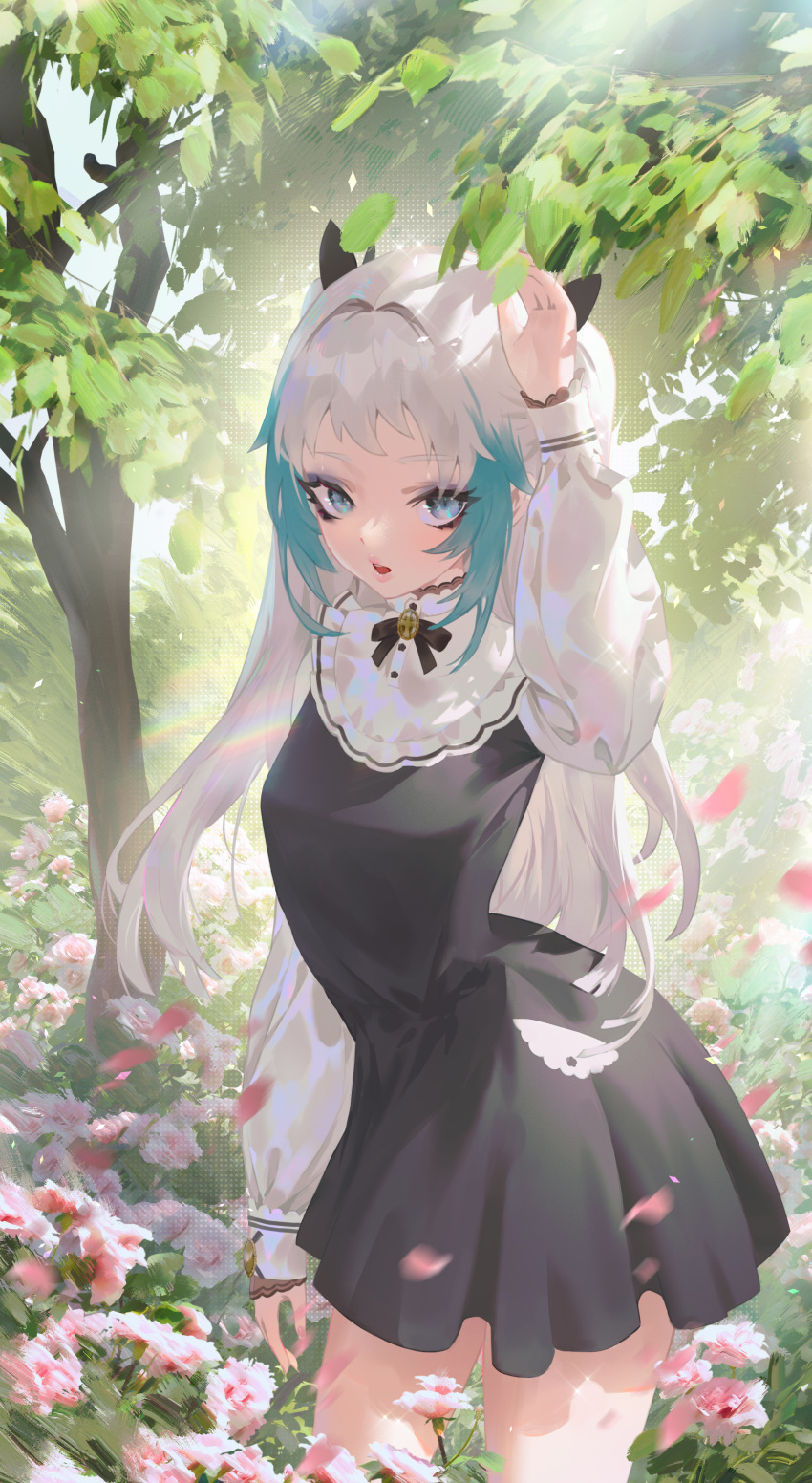 1boy absurdres aqua_hair backlighting bad_id bad_pixiv_id black_dress black_ribbon blue_eyes chinese_commentary cirilla_lin collar collared_dress commentary_request die_(ohisashiburi) dress flower frilled_collar frills grey_hair hair_intakes hand_up highres lipgloss long_hair long_sleeves makeup male_focus open_mouth original otoko_no_ko partial_commentary ribbon scenery sidelocks tree