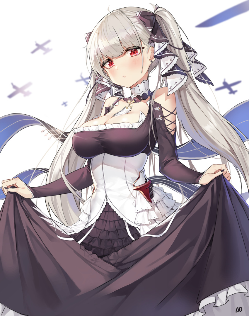 ahoge aircraft airplane aliceblue artist_name azur_lane black_dress blurry blush bow breasts cleavage closed_mouth commentary_request cowboy_shot depth_of_field detached_collar dress dress_grab earrings female flight_deck formidable_(azur_lane) glint grey_hair hairbow highres jewelry korean_commentary large_breasts long_hair long_sleeves looking_at_viewer partial_commentary red_eyes revision simple_background skirt_hold solo twintails very_long_hair white_background