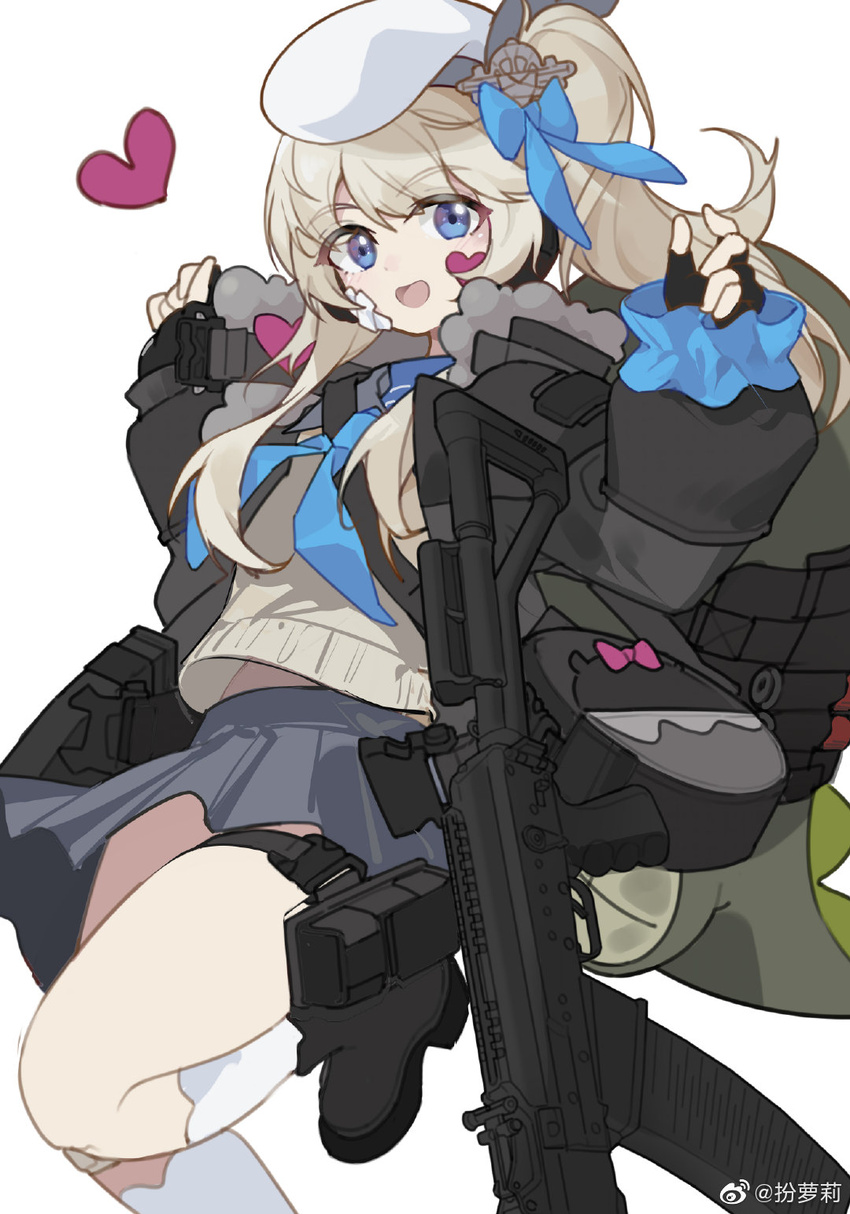 animal_bag bandage_on_face bandages banluoli beret black_coat blonde_hair blue_bow blue_eyes blue_neckwear blue_ribbon boots bow coat commentary_request female fingerless_gloves girls'_frontline girls'_frontline_2:_exilium gloves grey_skirt gun hat hat_bow heart highres leg_up long_hair long_sleeves looking_at_viewer open_mouth pleated_skirt ribbon shotgun side_ponytail simple_background skirt smile socks solo sweater vepley_(girls'_frontline_2) vepr-12 weapon weibo_watermark white_background white_hat white_socks