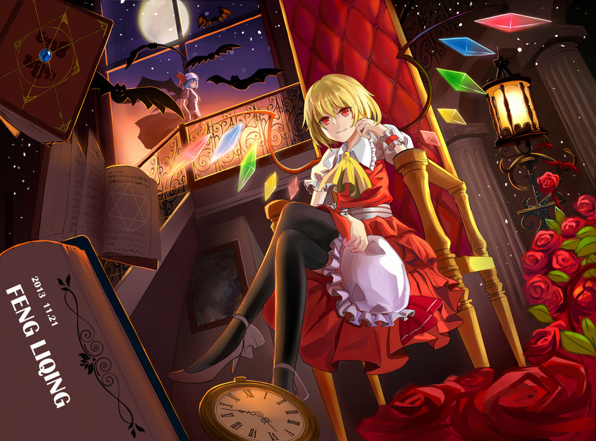 2girls blonde_hair blue_hair commentary_request flandre_scarlet flower full_moon high_heels highres hunxiao_xingshuang lantern moon multiple_girls purple_hair red_eyes remilia_scarlet rose scarlet_devil_mansion thighhighs touhou wings