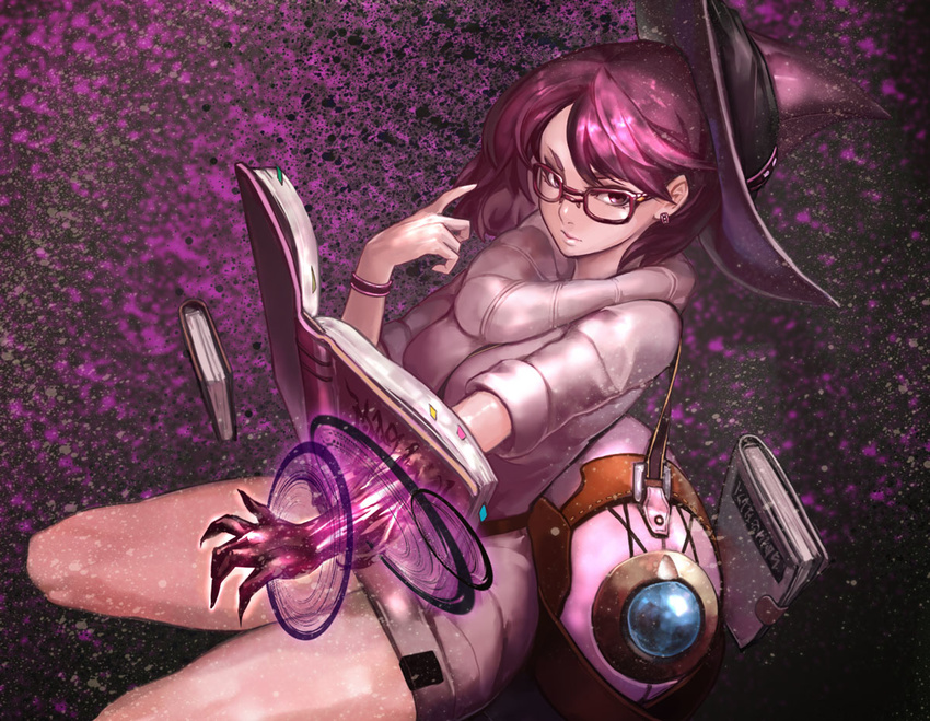 backpack bad_id bad_pixiv_id bag book bracelet breasts claws closed_mouth cowboy_shot darkness dress earrings eyelashes female floating floating_book floating_object glasses grimoire hand_up hat jewelry large_breasts looking_at_viewer magic_circle original purple-framed_eyewear purple_eyes purple_hair purple_hat ribbed_dress ribbed_sweater short_dress short_hair short_sleeves sleeves_rolled_up solo sweater sweater_dress tamidro turtleneck witch witch_hat