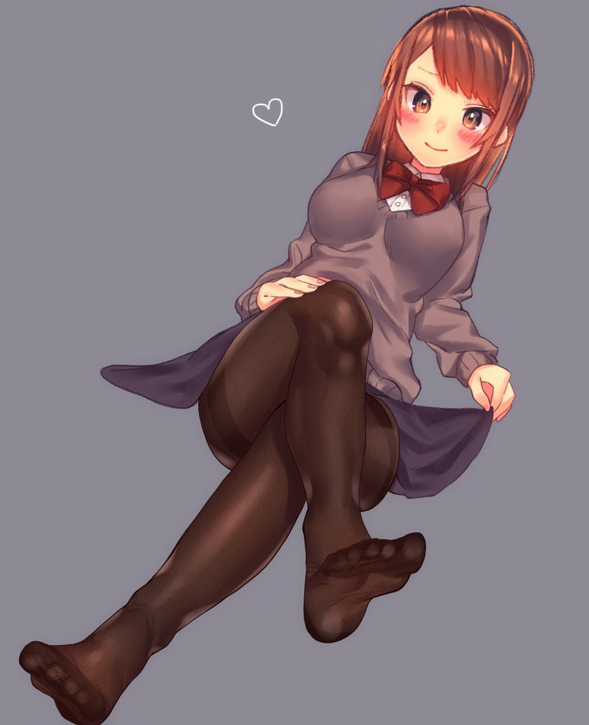 bad_id bad_twitter_id blue_skirt blush bow bowtie breasts brown_eyes brown_hair brown_pantyhose closed_mouth collared_shirt commentary_request crossed_legs dutch_angle feet female full_body grey_background grey_sweater heart highres long_hair long_sleeves looking_at_viewer medium_breasts mozu_1oo no_shoes pantyhose red_bow red_bowtie shirt simple_background skirt skirt_hold smile soles solo sweater swept_bangs thighband_pantyhose toenails white_shirt