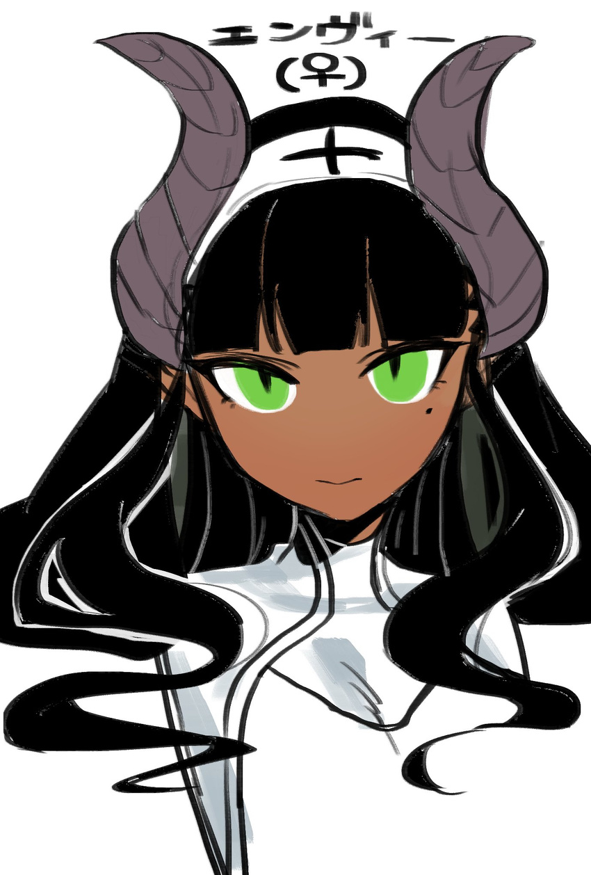 bad_id bad_twitter_id black_hair blunt_bangs character_name closed_mouth commentary_request cropped_shoulders dark-skinned_female dark_skin demon_girl demon_horns female green_eyes hat highres horns looking_at_viewer mole mole_under_eye mozu_1oo no_nose nurse_cap original portrait simple_background slit_pupils solo turtleneck venus_symbol white_background