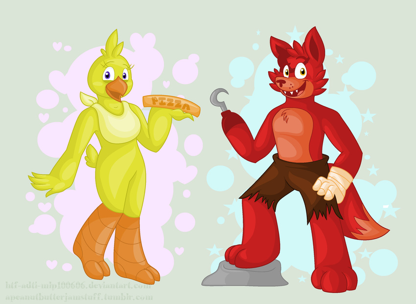 2016 anthro anthrofied avian avj_(artist) bird canid canine chica_(fnaf) chicken digital_media_(artwork) duo female five_nights_at_freddy's fox foxy_(fnaf) galliform gallus_(genus) hi_res male mammal phasianid scottgames simple_background