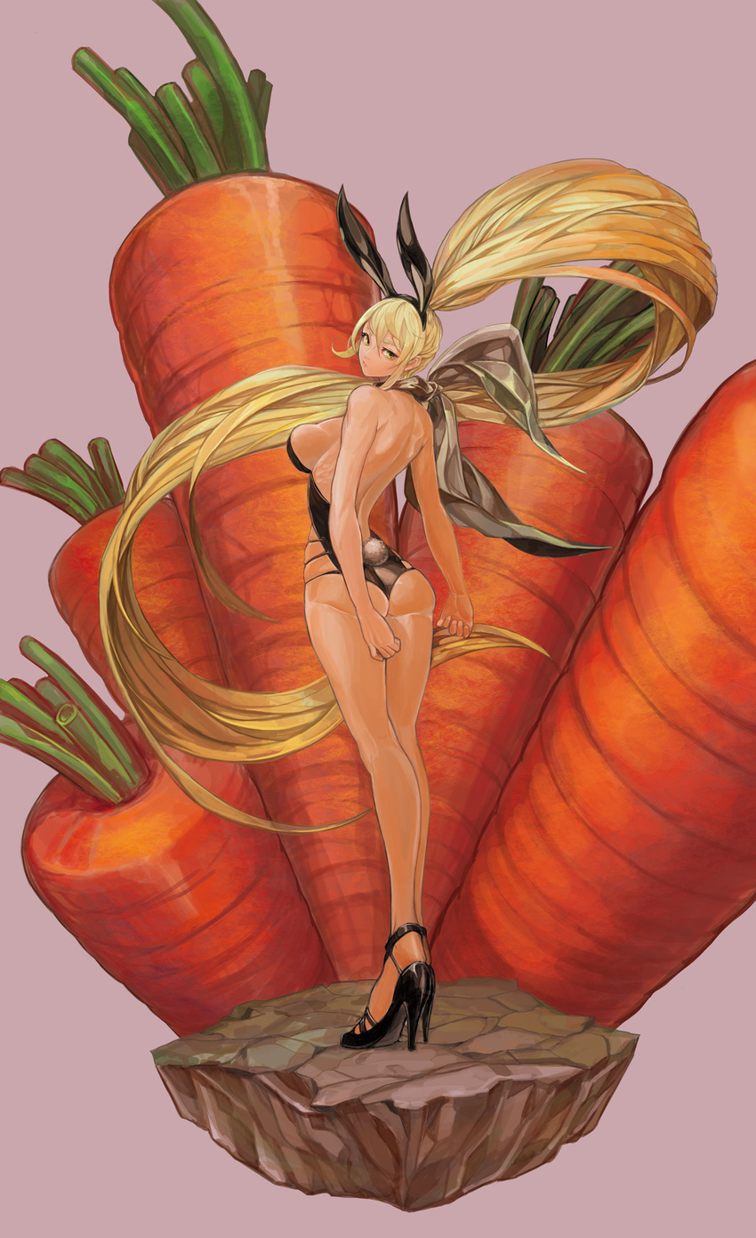 absurdly_long_hair animal_ears arms_behind_back ass back backless_outfit bad_id bad_pixiv_id bare_back bare_legs bare_shoulders black_footwear black_leotard blonde_hair breasts carrot closed_mouth eyelashes fake_animal_ears faux_figurine female floating_hair food from_behind green_eyes hair_between_eyes head_tilt high_heels highres large_breasts legs_together leotard long_hair looking_at_viewer looking_back no_socks nose original oversized_food oversized_object pink_background playboy_bunny ponytail rabbit_ears rabbit_tail scarf shoes sideboob sidelocks solo standing stiletto_heels strapless strapless_leotard strappy_heels tail tamidro thong_leotard vegetable very_long_hair