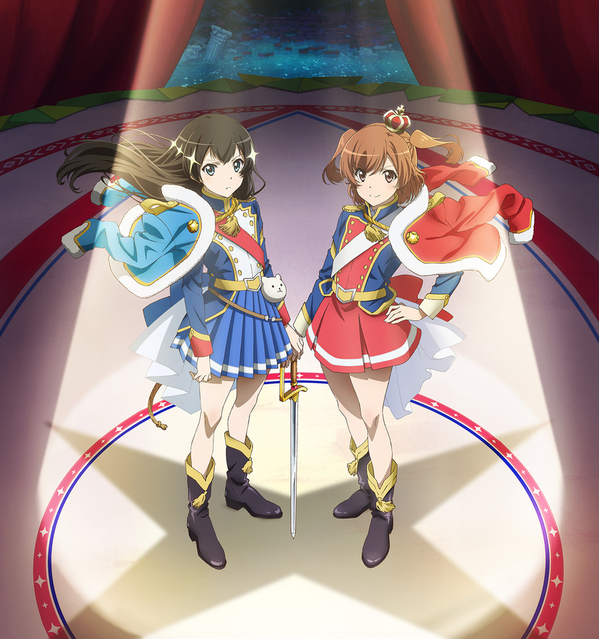 2girls aijou_karen belt black_footwear black_hair blue_eyes boots brown_eyes brown_hair crown hair_ornament highres kagura_hikari key_visual long_hair long_sleeves mini_crown miniskirt multiple_girls official_art pelisse pleated_skirt promotional_art saber_(weapon) short_hair shoujo_kageki_revue_starlight skirt sparkle_hair_ornament stage sword twintails weapon