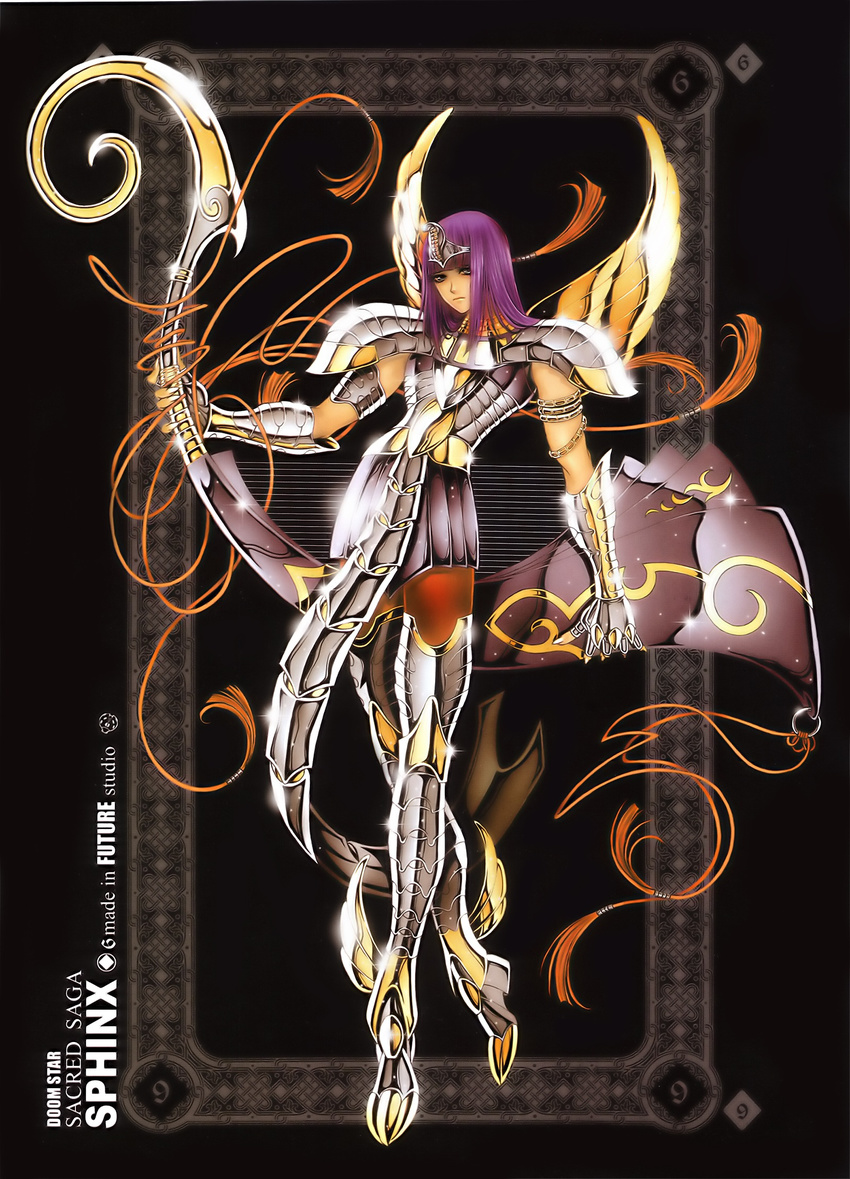 1boy armor armored_boots black_background boots future_studio_(artist) gauntlets gloves highres long_hair male_focus purple_hair saint_seiya solo sphinx_pharaoh