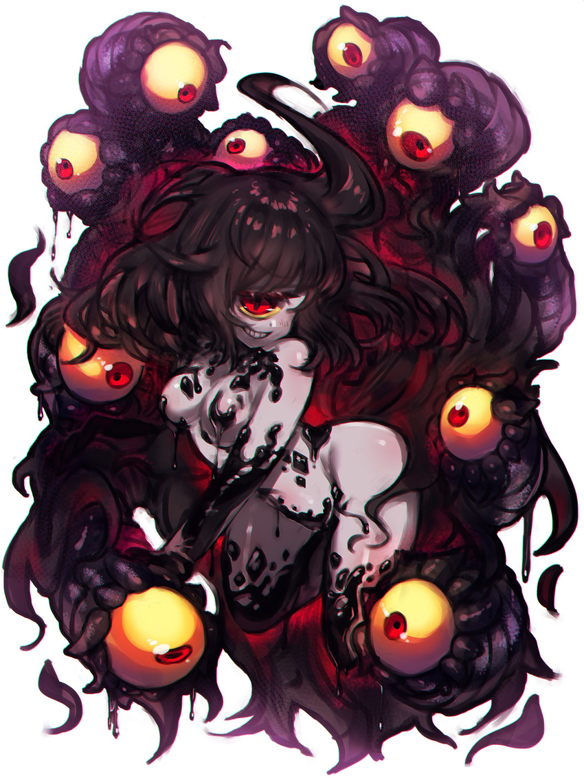 absurdres bad_id bad_twitter_id black_hair blush breasts colored_sclera commentary_request cyclops extra_eyes female floating gazer_(monster_girl_encyclopedia) grin highres long_hair looking_at_viewer medium_breasts monster_girl monster_girl_encyclopedia mozu_1oo nude one-eyed pale_skin red_eyes simple_background slime_(substance) slit_pupils smile solo tail tentacle white_background yellow_sclera