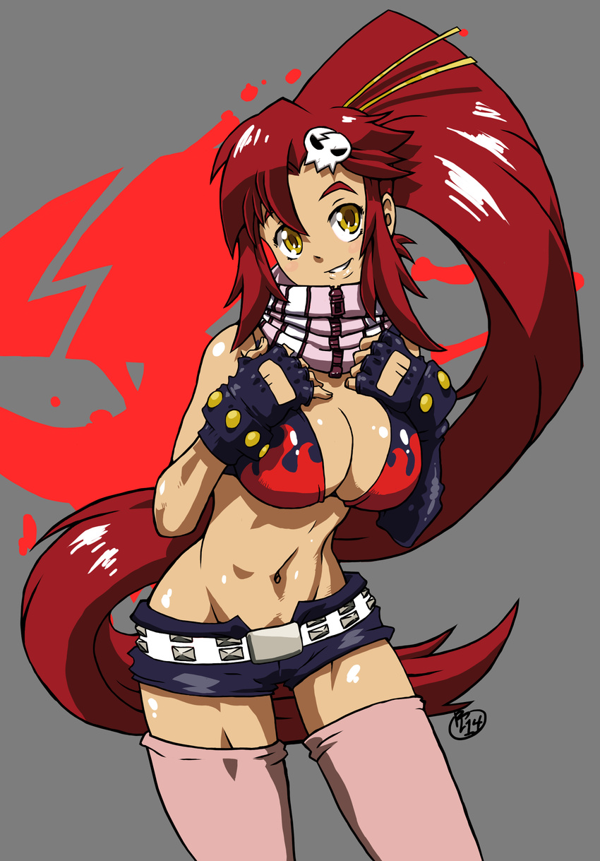 absurdres asymmetrical_gloves bad_deviantart_id bad_id belt bikini bikini_top_only breasts cleavage female fingerless_gloves flame_print gloves hair_ornament hair_stick highres large_breasts long_hair midriff navel no_shirt pink_thighhighs ponytail red_hair rock-leone scarf short_shorts shorts skull_hair_ornament solo swimsuit tengen_toppa_gurren_lagann thighhighs uneven_gloves variant_set very_long_hair yellow_eyes yoko_littner