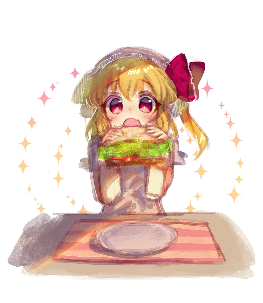 absurdres bad_id bad_twitter_id blonde_hair blush commentary_request female flandre_scarlet food hair_between_eyes hair_ornament highres holding holding_food looking_at_viewer mozu_1oo oerba_yun_fang open_mouth plate red_eyes sandwich sitting solo sparkle table touhou white_background