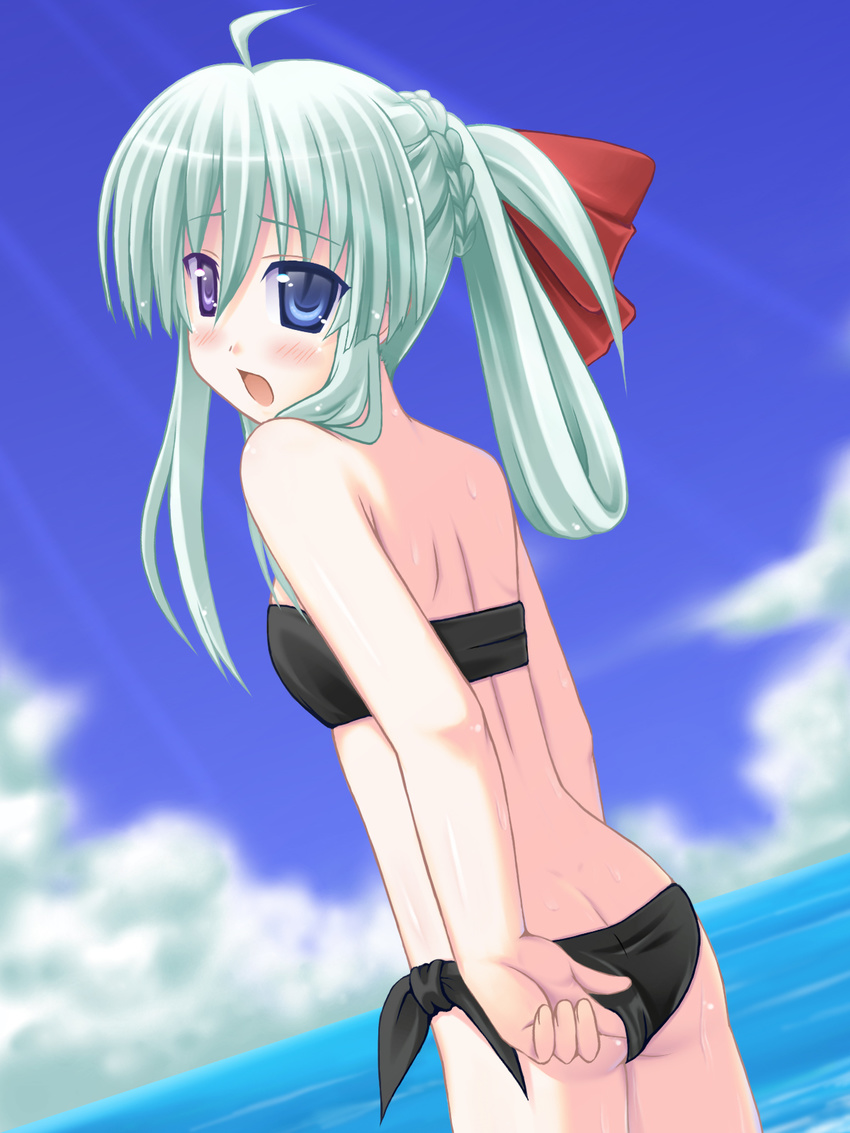 adjusting_clothes adjusting_swimsuit atsushima_you bandeau blue_eyes blush einhard_stratos female green_hair heterochromia highres looking_back lyrical_nanoha mahou_shoujo_lyrical_nanoha_vivid open_mouth photoshop_(medium) purple_eyes solo swimsuit wet