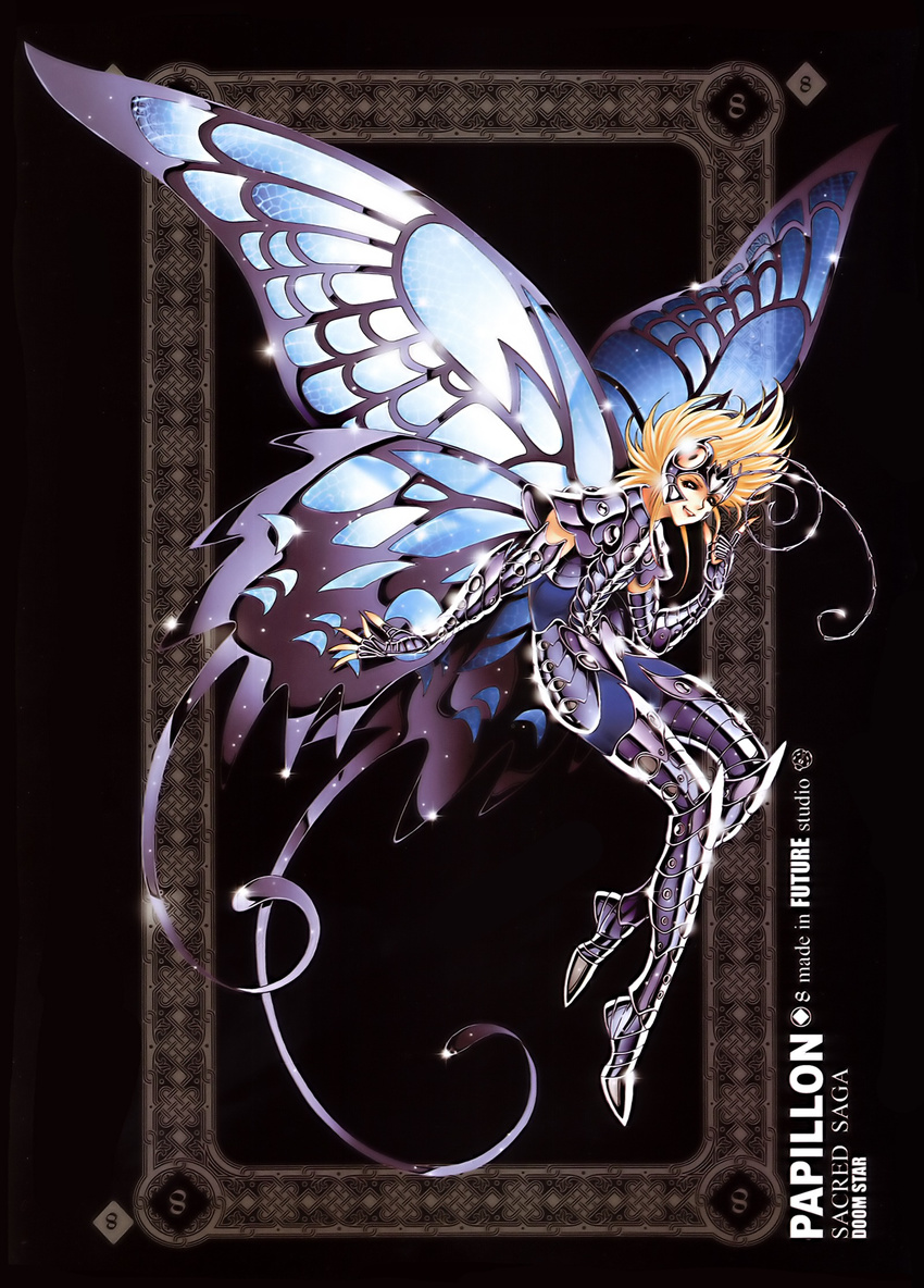 1boy armor armored_boots black_background blonde_hair boots butterfly_wings future_studio_(artist) gauntlets gloves highres insect_wings male_focus open_mouth papillon_myu saint_seiya solo wings