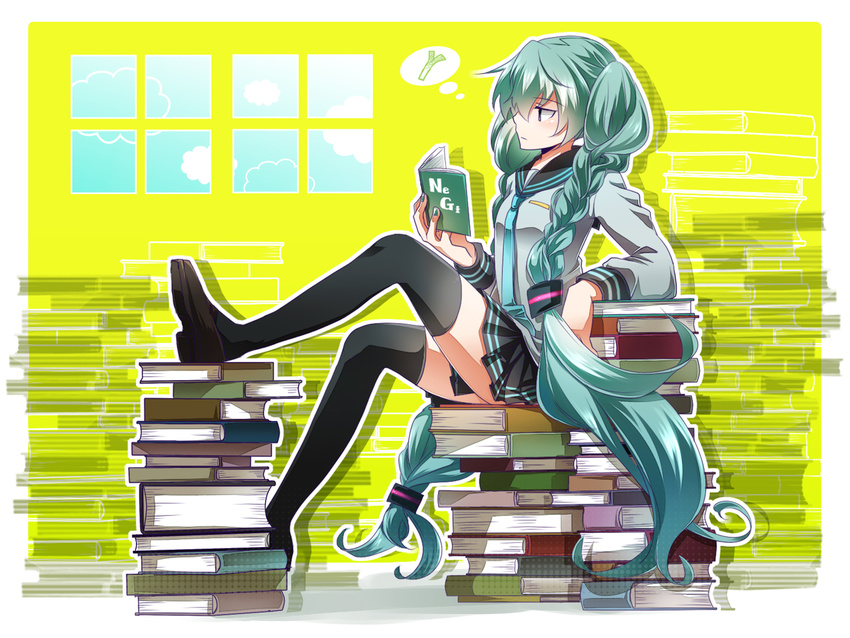 arm_support book braid commentary_request female green_hair hair_over_shoulder hatsune_miku long_hair necktie reading sailor_collar skirt solo spring_onion thighhighs tsujiori twin_braids twintails very_long_hair vocaloid