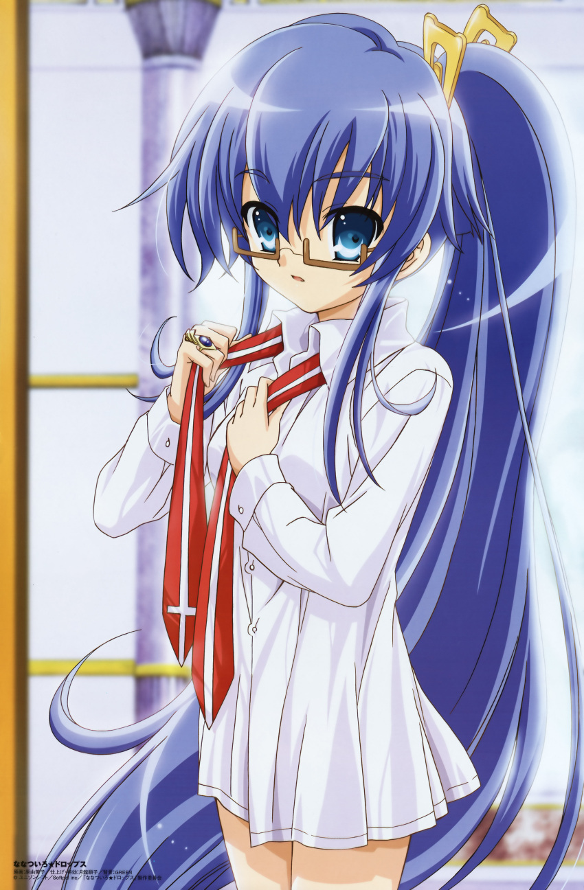 absurdres blue_eyes blue_hair comp_h's dress_shirt female glasses hair_ornament hara_yumiko highres jewelry long_hair nanatsuiro_drops necktie official_art photoshop_(medium) ring shirt side_ponytail solo white_shirt window yuuki_nona