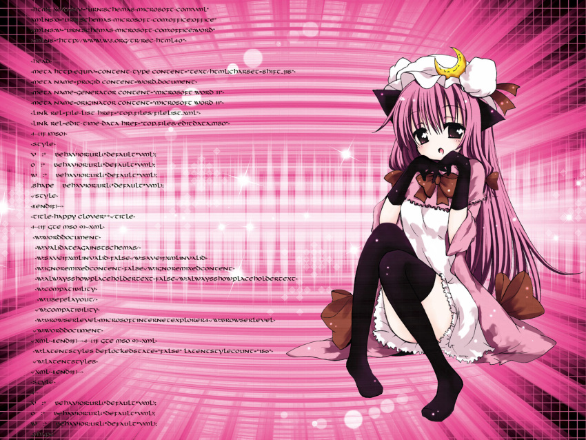 animal_ears cat_ears catbell code female highres html kemonomimi_mode long_hair patchouli_knowledge solo thighhighs touhou