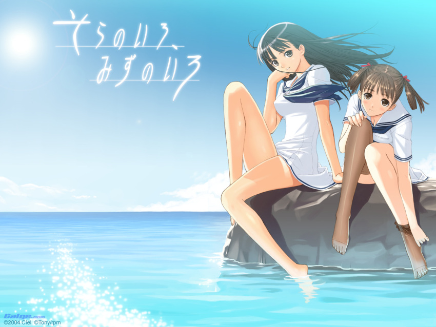 2girls barefoot black_hair blush cloud day dress galge.com legs long_hair mizushima_asa multiple_girls outdoors sailor_dress school_uniform serafuku sitting sky smile soaking_feet sora_no_iro_mizu_no_iro sorayama_natsume sun thighhighs tony_taka twintails undressing water wind