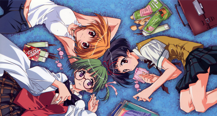 3girls absurdres armpits arms_up bag black_hair blush breasts camisole candy chips_(food) choker circle_formation covered_nipples food from_above glasses green_hair hairband highres hirasawa_hiroko horiide_mika ibuse_okie kakyuusei_2 kurashima_tomoyasu lying medium_breasts midriff multiple_girls navel on_back on_side orange_eyes orange_hair plaid plaid_skirt pocky potato_chips purple_eyes red_eyes school_bag school_uniform short_hair skirt twintails vest