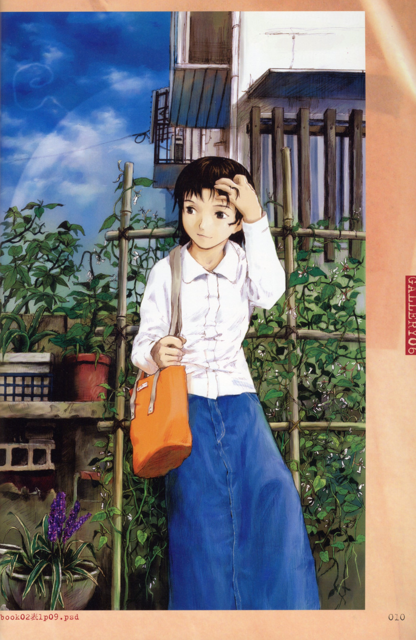 abe_yoshitoshi absurdres adjusting_hair air_conditioner androgynous bag balcony blue_sky brown_eyes brown_hair chigasaki_mayuko closed_mouth cloud collared_shirt day denim denim_skirt female flower flower_pot handbag highres house hyacinth lavender_(flower) long_skirt long_sleeves looking_to_the_side niea_7 official_art outdoors over_shoulder page_number plant potted_plant purple_flower railing scan shirt skirt sky smile solo trellis white_shirt wing_collar