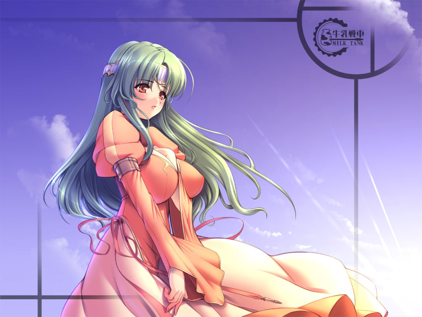 between_breasts bow breasts cloud day dress elincia_ridell_crimea female fire_emblem fire_emblem:_path_of_radiance green_hair gunner-l headband huge_breasts lipstick long_hair makeup orange_eyes ribbon sky solo sun wind