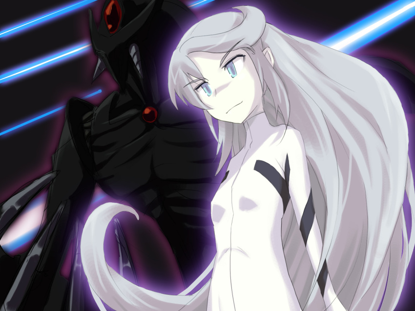 blue_eyes bodysuit female flat_chest fuchuu grey_hair heroic_age highres long_hair mecha robot solo very_long_hair white_bodysuit yuti_ra