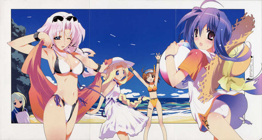 5girls :d :o ;d age_difference ahoge armpits arms_up ass ball bare_shoulders beach beachball bikini bikini_under_clothes black_bikini blonde_hair blue_eyes blue_hair bow braid breasts brown_hair cleavage cloud copyright_name crease day diana_zonburg diving_mask diving_mask_on_head drawstring dress embarrassed eyewear_on_head floating_hair goggles goggles_on_head gradient_hair green_hair hair_between_eyes halterneck hat hat_bow highres hood hood_down hoodie kazami_chisato large_breasts logo long_hair mikage_(owari_no_chronicle) multicolored_hair multiple_girls navel ocean one-piece_swimsuit one_eye_closed open_mouth orange_bikini orange_sarong outdoors outstretched_arm owari_no_chronicle parted_bangs purple_eyes raglan_sleeves rock sarong satoyasu scan shibyure shinjou_sadagiri short_hair side-tie_bikini_bottom sideboob single_braid sky small_breasts smile snorkel standing straw_hat string_bikini sun_hat sundress sunglasses surprised sweatdrop swimsuit turtleneck underboob unworn_hat unworn_headwear unworn_sarong very_long_hair water white_bikini white_hair white_one-piece_swimsuit wristband