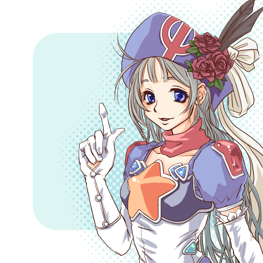 blue_eyes elbow_gloves feathers female flower gloves grey_hair hat highres long_hair opera-tan original os-tan ribbon rose solo temp_h