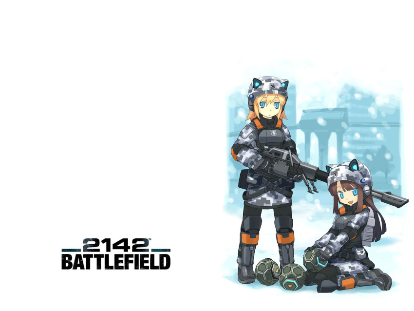 2girls battlefield_(series) battlefield_2142 camouflage gun helmet highres multiple_girls non-web_source pantyhose photoshop_(medium) rifle soldier tanaka_(cow) weapon