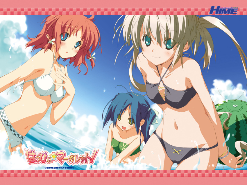 3girls amagahara_inaho bikini blush day food fruit happy_margaret! kokonoka multiple_girls nishinomiya_shizuru ribbon rindou_saki smile swimsuit watermelon wet