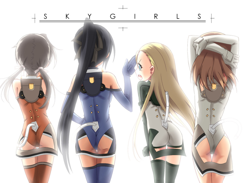 4girls ahoge angry arms_behind_head arms_up ass backlighting bare_shoulders black_hair black_thighhighs blonde_hair blue_eyes blue_gloves blue_leotard blue_thighhighs brown_hair clenched_hand copyright_name cowboy_shot crossed_arms elbow_gloves elise_von_dietrich from_behind gloves green_legwear grey_hair hair_ribbon halterneck hand_on_own_hip high_ponytail highres ichijou_eika leotard lineup long_hair looking_at_another motion_slit multiple_girls orange_legwear orange_leotard pilot_suit ponytail profile red_thighhighs ribbon sakurano_otoha shinozuka_atsuto short_hair simple_background sky_girls sonomiya_karen thigh_gap thighhighs turtleneck twintails very_long_hair white_background white_gloves white_leotard