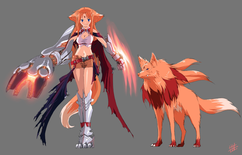 animal_ears arf blue_eyes breasts claws cleavage female fox_ears long_hair lyrical_nanoha mahou_shoujo_lyrical_nanoha medium_breasts midriff photoshop_(medium) red_hair solo tail wadatsumi_garland