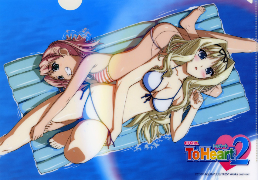 2girls absurdres afloat armpits barefoot bikini blonde_hair blue_eyes blush breasts cleavage duplicate feet flat_chest front-tie_top grin hair_ornament hairclip highres inflatable_raft katou_yasuhisa kusugawa_sasara large_breasts leg_grab leg_up long_hair lying maaryan_(to_heart) multiple_girls on_back on_side open_mouth pink_hair short_hair side-tie_bikini_bottom small_breasts smile striped_bikini striped_clothes swimsuit to_heart_(series) to_heart_2 water wet white_bikini yanagisawa_masahide