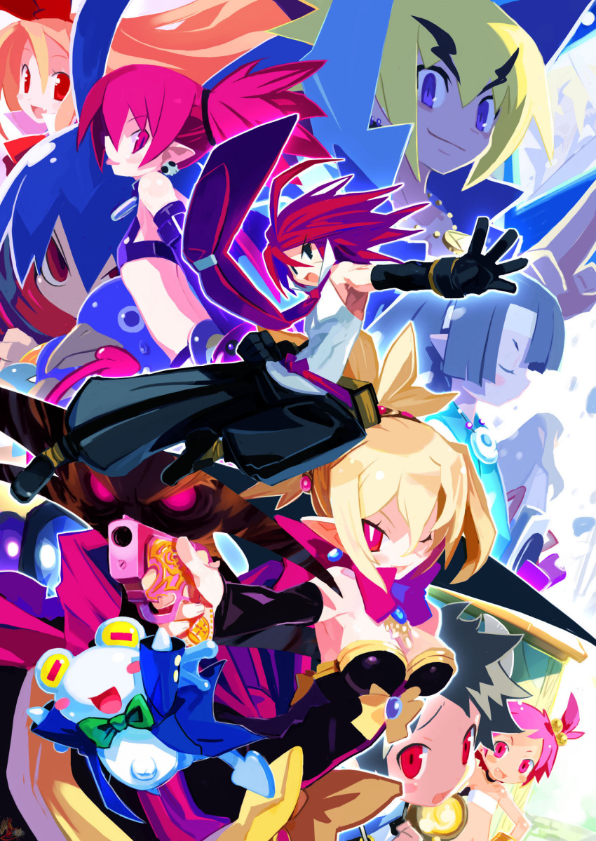 4boys 4girls adell_(disgaea) akutare_(disgaea) bat_wings black_pants blonde_hair bright_pupils demon_boy demon_girl detached_sleeves disgaea dress elbow_gloves etna_(disgaea) fallen_angel flat_chest flonne flonne_(fallen_angel) fubuki_(disgaea) gloves hanako_(disgaea) harada_takehito highres kurtis_(disgaea) laharl makai_senki_disgaea_2 miniskirt multiple_boys multiple_girls official_art pants photoshop_(medium) pointy_ears prinny red_eyes red_hair rozalin selion_(disgaea) shura_(disgaea) skirt slit_pupils strapless strapless_dress tail taro_(disgaea) tink_(disgaea) wings yukimaru_(disgaea) zenon_(disgaea)