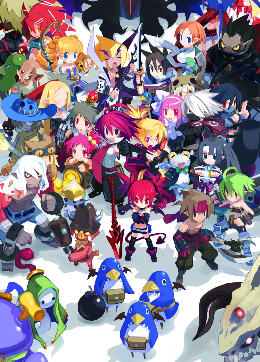 6+boys 6+girls adell_(disgaea) akutare_(disgaea) archer_(disgaea) armor_knight_(disgaea) bat_wings beast_master_(disgaea) black_pants blonde_hair demon_boy demon_girl detached_sleeves disgaea dragon_zombie_(disgaea) etna_(disgaea) fallen_angel female_warrior_(disgaea) flat_chest flonne flonne_(fallen_angel) fubuki_(disgaea) geomancer_(disgaea) ghost_(disgaea) gunner_(disgaea) hanako_(disgaea) harada_takehito healer_(disgaea) highres kunoichi_(disgaea) kurtis_(disgaea) laharl mage_(disgaea) magic_knight_(disgaea) makai_senki_disgaea_2 male_warrior_(disgaea) miniskirt multiple_boys multiple_girls ninja_(disgaea) official_art orc_(disgaea) pants photoshop_(medium) pointy_ears prinny red_eyes red_hair rozalin samurai_(disgaea) sinner_(disgaea) skirt skull_(disgaea) tail taro_(disgaea) thief_(disgaea) tink_(disgaea) warslug_(disgaea) wings yukimaru_(disgaea)