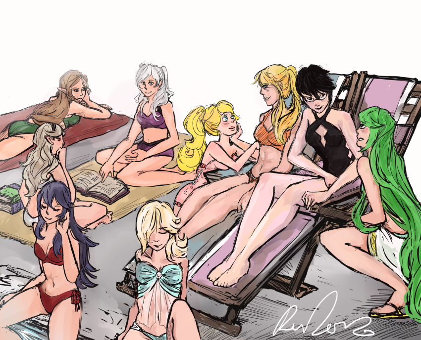 6+girls 9girls ass back barefoot bayonetta bayonetta_(character) bayonetta_2 bikini black_hair blonde_hair blue_hair blush book breasts cleavage closed_eyes corrin_(female)_(fire_emblem) corrin_(fire_emblem) corrin_(fire_emblem)_(female) crossover feet female female_only fire_emblem fire_emblem_awakening fire_emblem_fates glasses green_hair human kid_icarus long_hair lucina_(fire_emblem) lying mario_(series) metroid multiple_girls navel nintendo on_stomach palutena pigeonheart pointy_ears ponytail princess_peach princess_rosalina princess_zelda red_eyes robin_(fire_emblem) robin_(fire_emblem)_(female) samus_aran sandals short_hair silver_hair sitting smile super_smash_bros. super_smash_bros._for_nintendo_3ds_and_wii_u swimming_pool swimsuit the_legend_of_zelda tied_hair toes very_long_hair white_hair yokozuwari zelda_(twilight_princess)