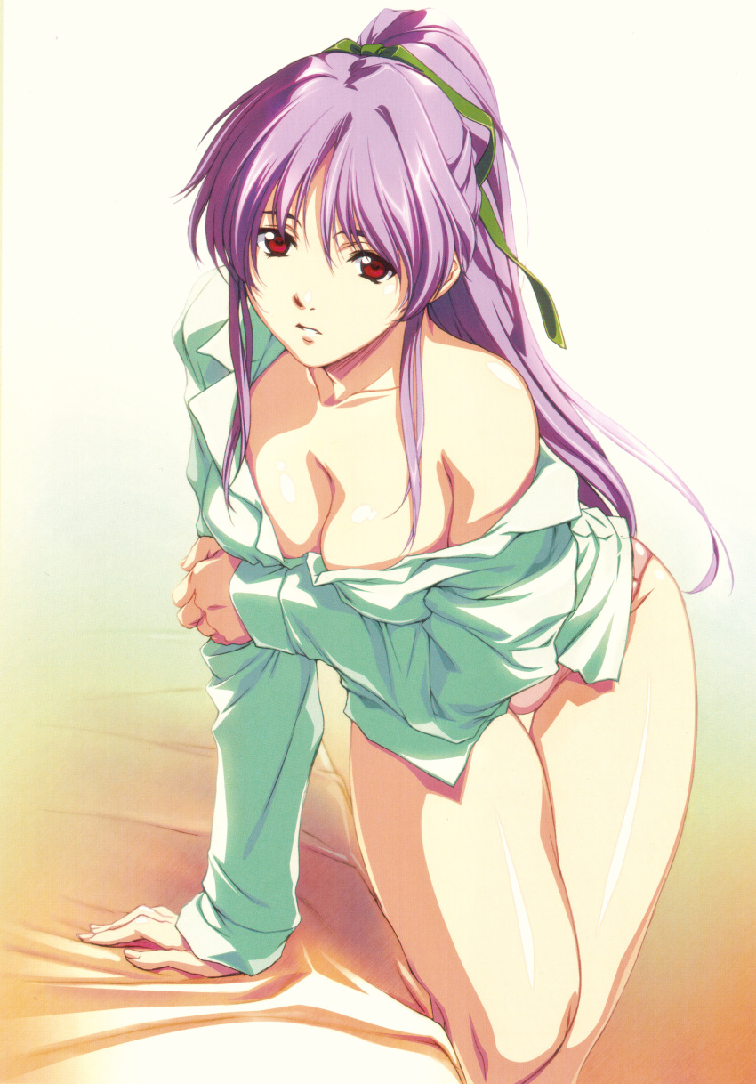 absurdres arm_grab arm_support bare_shoulders bed breasts cleavage downblouse dress_shirt female hair_ribbon highres horibe_hiderou indoors isaku large_breasts leaning long_hair no_bra no_pants off_shoulder official_art panties photoshop_(medium) pink_panties ponytail purple_hair red_eyes ribbon scan shirt shuusaku solo standing takabe_eri thigh_gap thighs underwear