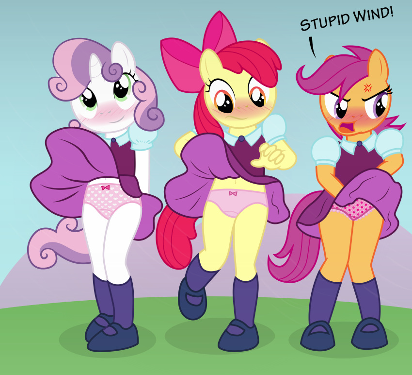 anthro apple_bloom_(mlp) blush cutie_mark_crusaders friendship_is_magic my_little_pony panties school_uniform scootaloo_(mlp) skirt_lift smooth_skin sweetie_belle_(mlp) tolpain upskirt