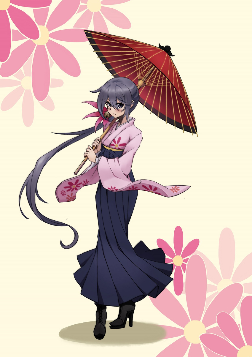 akebono_(kancolle) alternate_costume bell blush boots commentary_request cross-laced_footwear crossed_legs female floral_background floral_print flower full_body great_(cyclops) hair_bell hair_flower hair_ornament hakama hakama_skirt high_heel_boots high_heels highres japanese_clothes jingle_bell kantai_collection lace-up_boots long_hair meiji_schoolgirl_uniform oil-paper_umbrella photoshop_(medium) pink_background purple_eyes purple_hair side_ponytail skirt solo standing umbrella very_long_hair watson_cross wide_sleeves