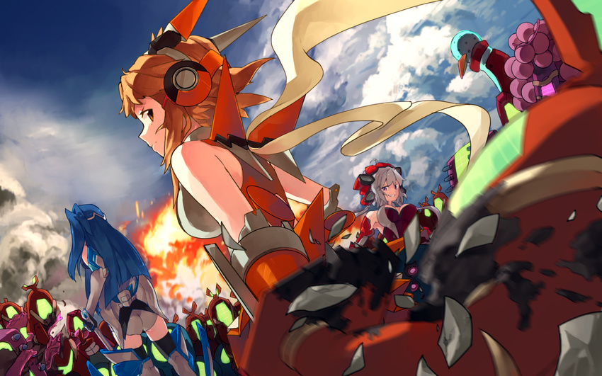 3girls blue_hair bodysuit breasts brown_hair cleavage commentary_request grey_hair highres hitogome kazanari_tsubasa long_hair medium_breasts multiple_girls noise_(symphogear) open_mouth purple_eyes purple_hair senki_zesshou_symphogear short_hair smile tachibana_hibiki_(symphogear) thighhighs twintails yukine_chris